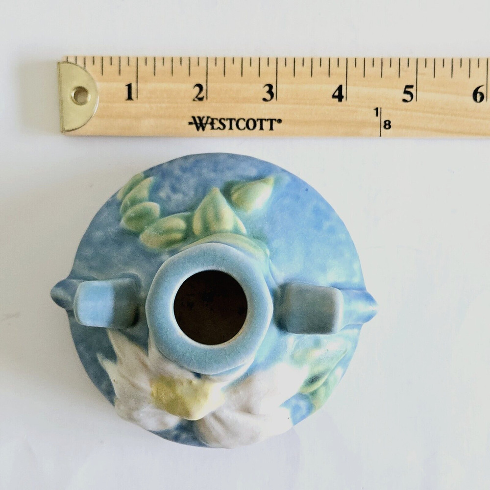 Vintage Roseville Pottery Candle Holder Clematis Blue Floral Retro USA 1940s - Picture 9 of 11